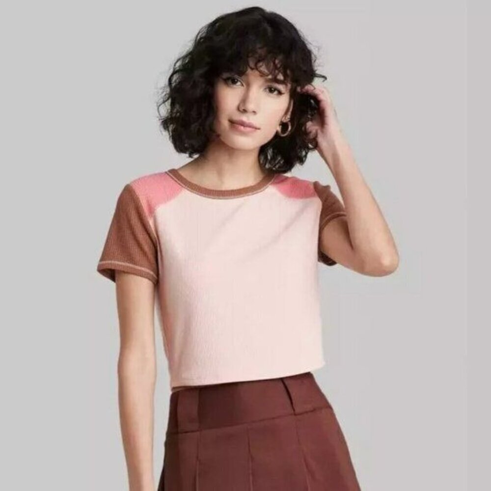 Wild Fable Womens Ribbed Colorblock Crop Top Pink Brown Short Sleeve Size S New